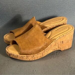 Born Lilah Women's Tan Mule Open Toe Leather Wedge Sandals Size 10